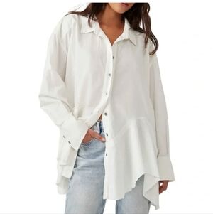 Free People White Button-Up Shirt Oversized